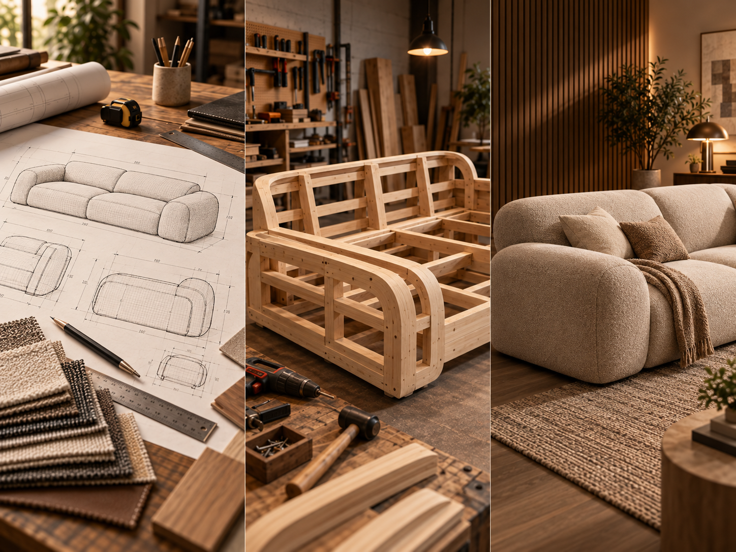 Do projeto à fabricação: desenho técnico, estrutura de madeira e sofá finalizado