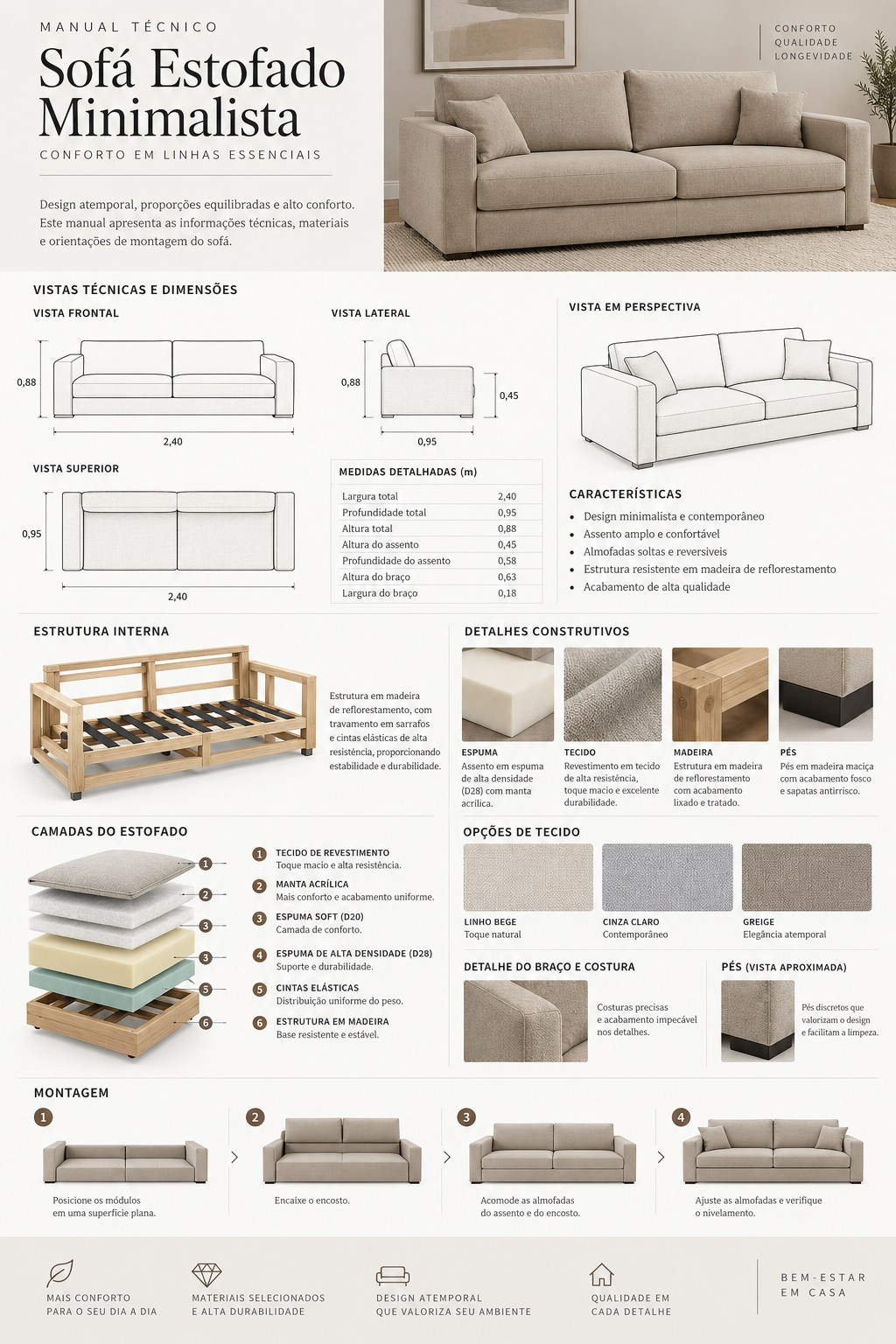 Projeto de sofá minimalista com vistas, medidas e estrutura